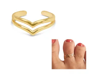 Handmade Gold V-Shape Band Adjustable Toe Ring, Yellow Gold Plated over Sterling Silver, Double Chevron Classic Dainty Open Toe, Pinky or Knuckle Rings for Women, By MiYa Jewelry