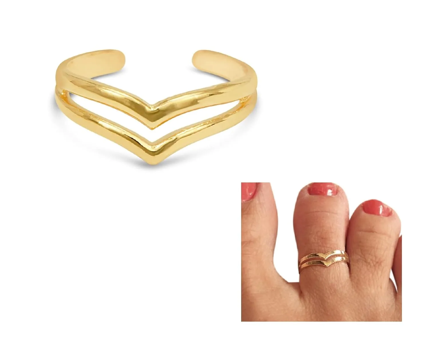 Handmade Gold V-Shape Band Adjustable Toe Ring, Yellow Gold Plated over Sterling Silver, Double Chevron Classic Dainty Open Toe, Pinky or Knuckle Rings for Women, By MiYa Jewelry