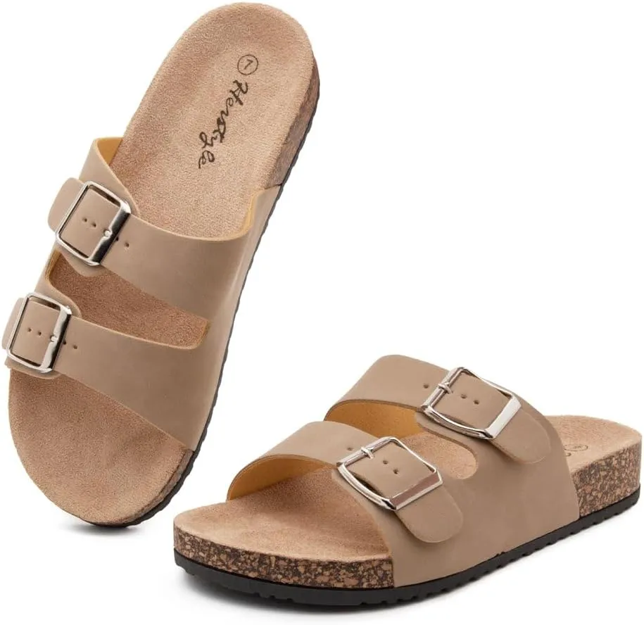 Herstyle Softey Womens Cork Footbed Sandals - Adjustable 2-Strap Comfort Slides | Slip On Open Toe Flat Sandals for Women | Summer Beach Casual Everyday Wear