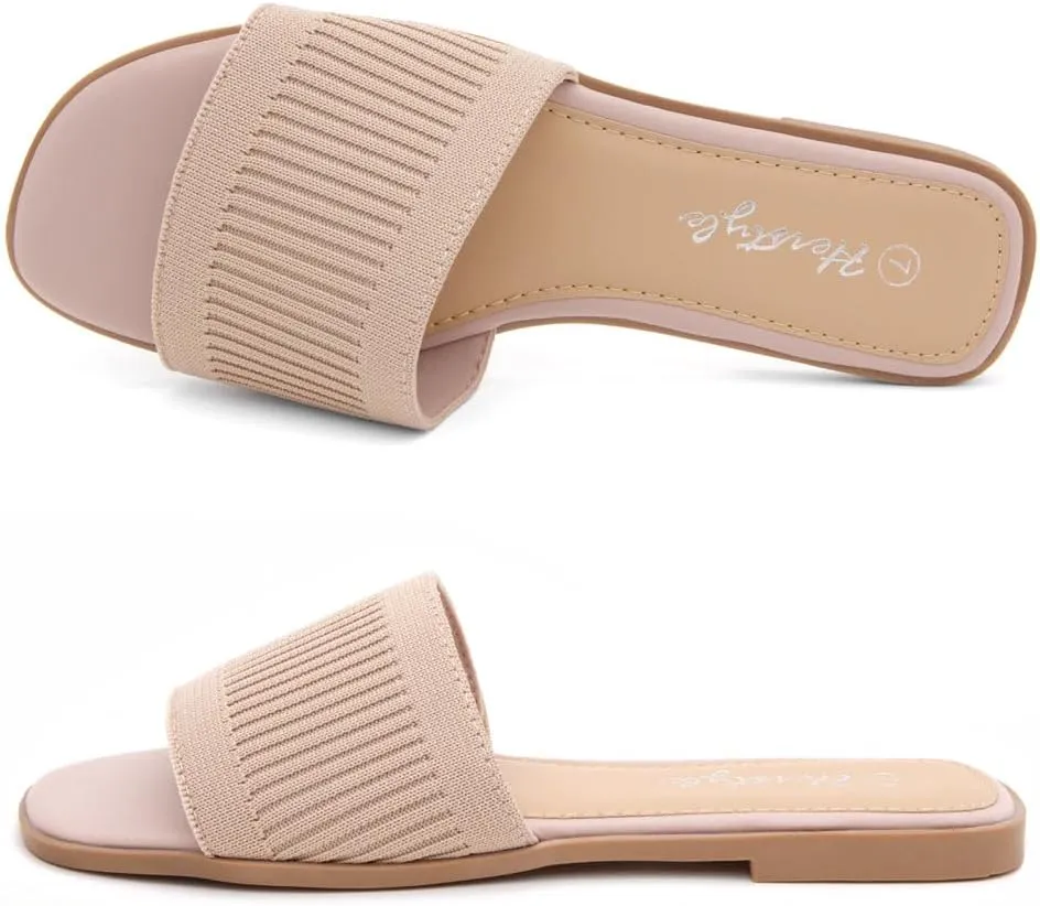 Herstyle Women’s Knit Flat Sandals 2025 – Dressy Casual Slip-On Fashion Sandals with Memory Foam, Square Open Toe Single Band Slides for Summer, Travel & Daily Comfort