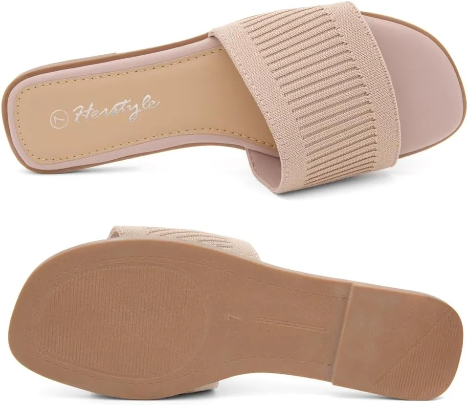 Herstyle Women’s Knit Flat Sandals 2025 – Dressy Casual Slip-On Fashion Sandals with Memory Foam, Square Open Toe Single Band Slides for Summer, Travel & Daily Comfort