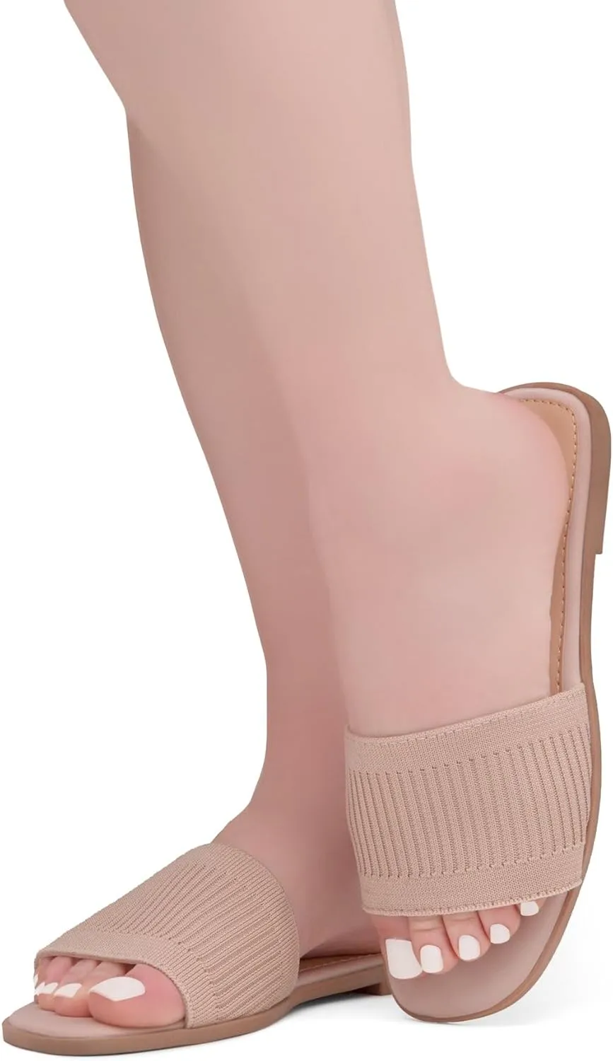 Herstyle Women’s Knit Flat Sandals 2025 – Dressy Casual Slip-On Fashion Sandals with Memory Foam, Square Open Toe Single Band Slides for Summer, Travel & Daily Comfort