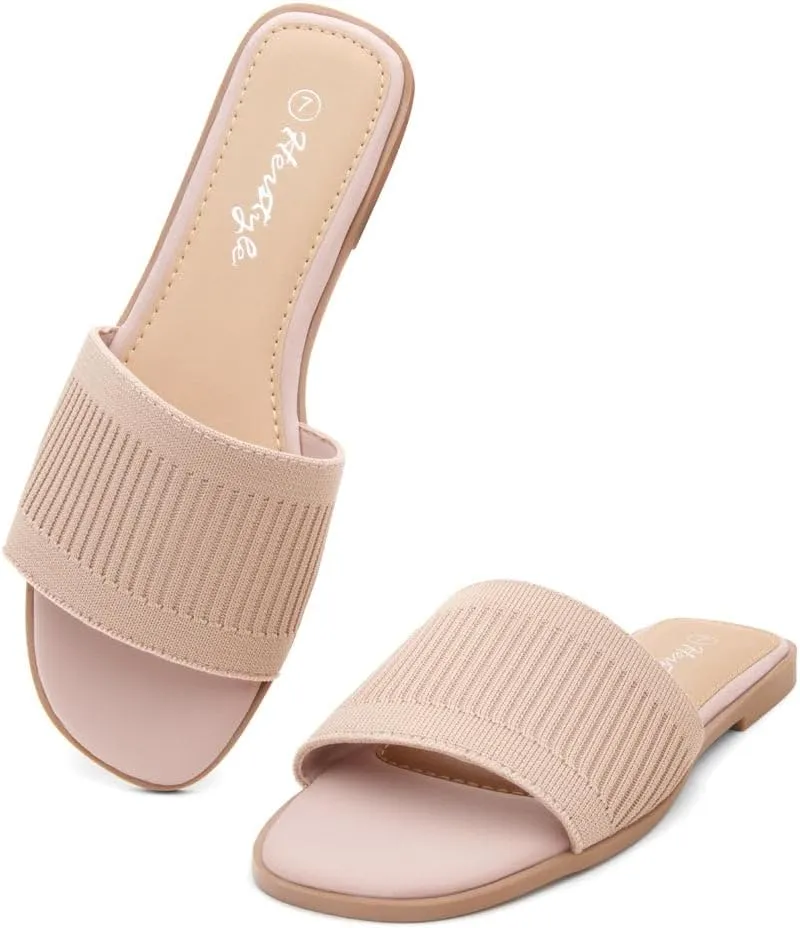 Herstyle Women’s Knit Flat Sandals 2025 – Dressy Casual Slip-On Fashion Sandals with Memory Foam, Square Open Toe Single Band Slides for Summer, Travel & Daily Comfort