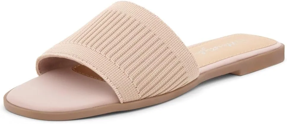 Herstyle Women’s Knit Flat Sandals 2025 – Dressy Casual Slip-On Fashion Sandals with Memory Foam, Square Open Toe Single Band Slides for Summer, Travel & Daily Comfort