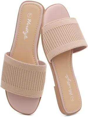 Herstyle Women’s Knit Flat Sandals 2025 – Dressy Casual Slip-On Fashion Sandals with Memory Foam, Square Open Toe Single Band Slides for Summer, Travel & Daily Comfort