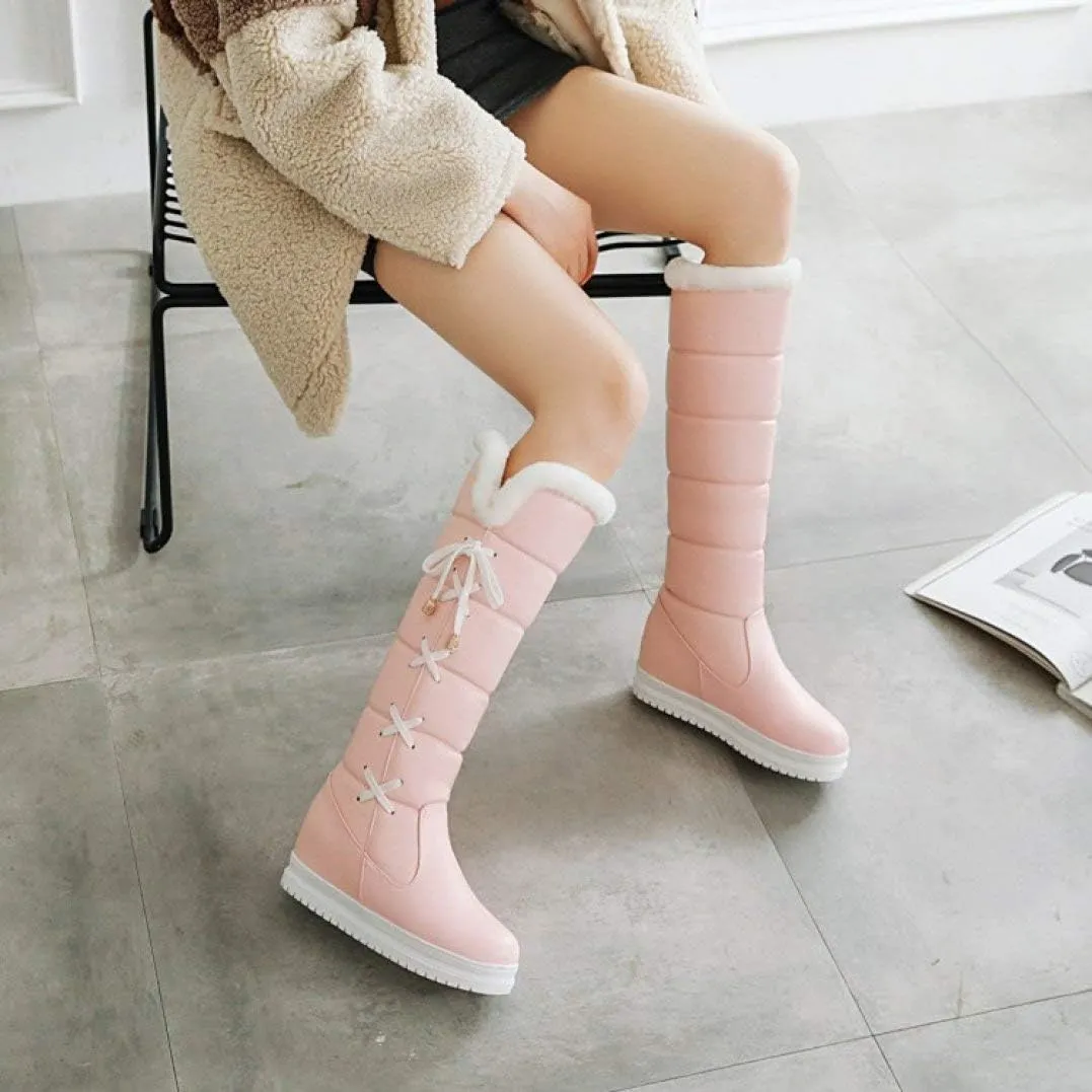 HINDOLA Women's Winter Warm Knee High Down Snow Boots Fur Lined Waterproof Cross-Tied Hidden Wedges Platform Boots