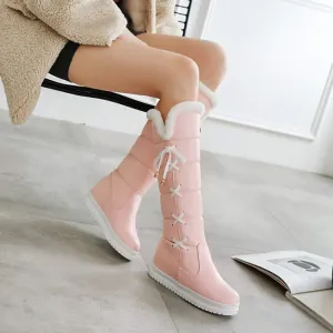 HINDOLA Women's Winter Warm Knee High Down Snow Boots Fur Lined Waterproof Cross-Tied Hidden Wedges Platform Boots