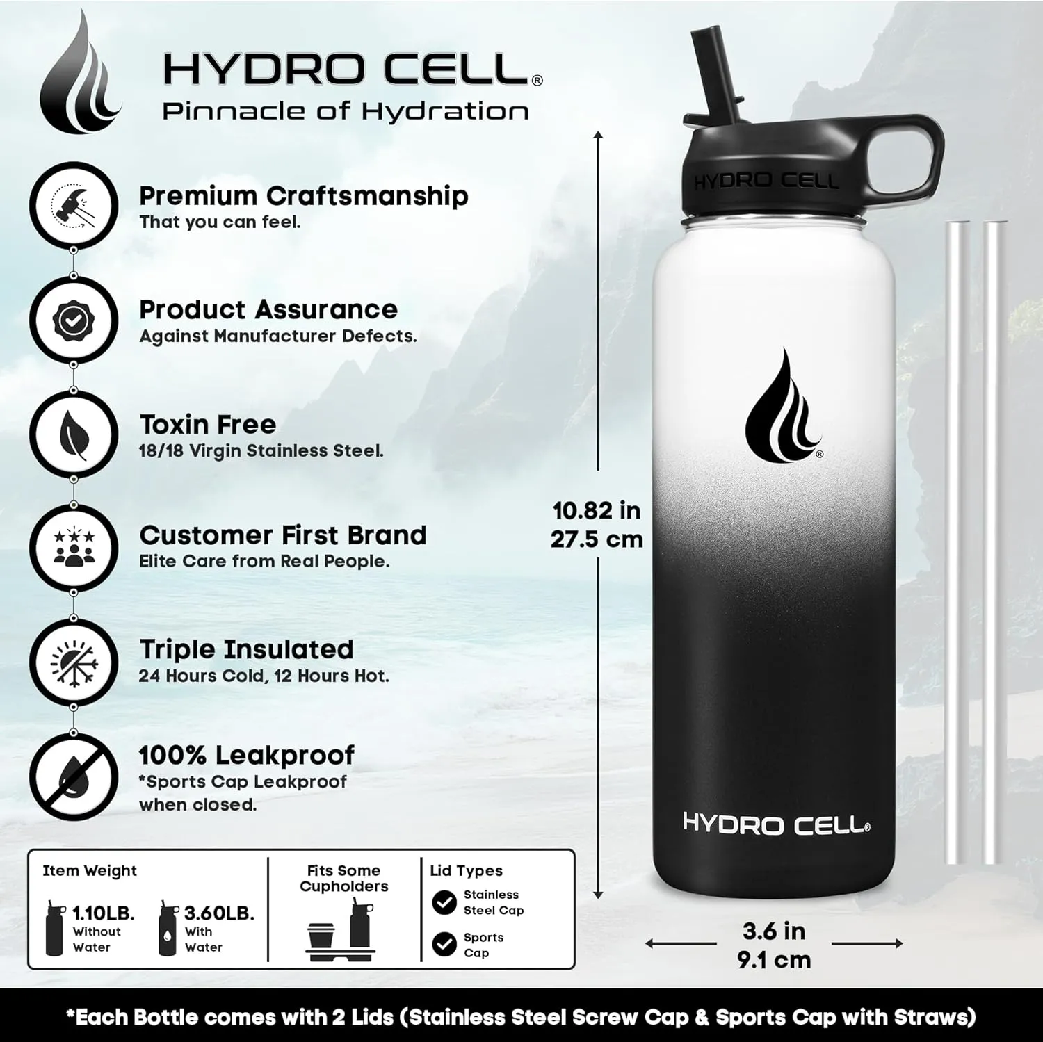 HYDRO CELL Stainless Steel Insulated Water Bottle with Straw - For Cold & Hot Drinks - Metal Vacuum Flask with Screw Cap and Modern Leakproof Sport Thermos for Adults (Black/White 40oz)