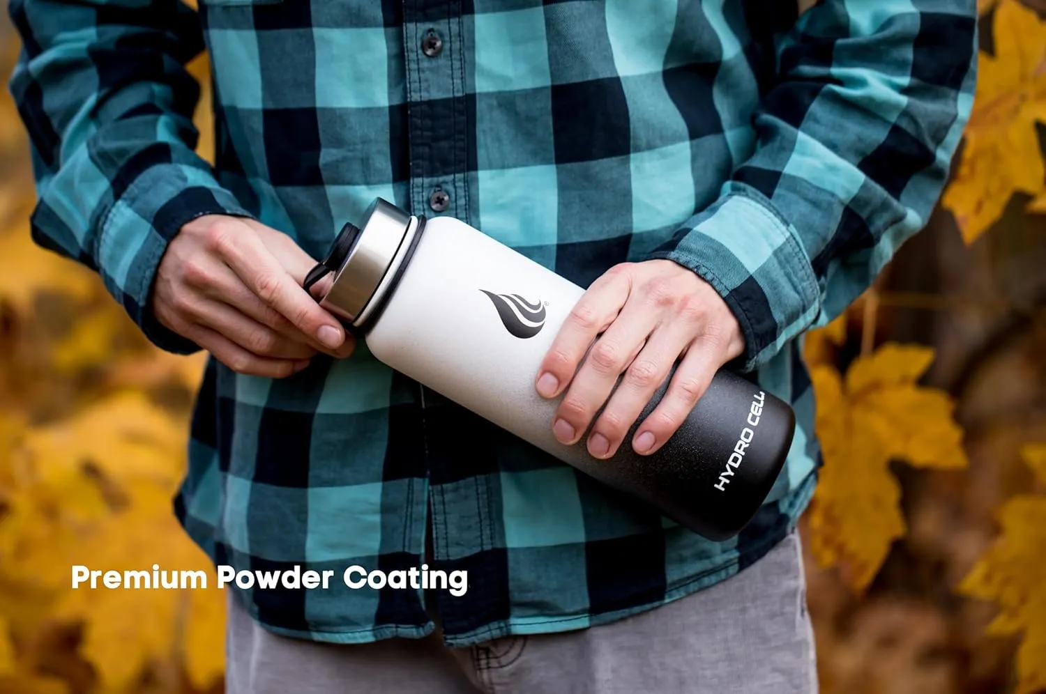 HYDRO CELL Stainless Steel Insulated Water Bottle with Straw - For Cold & Hot Drinks - Metal Vacuum Flask with Screw Cap and Modern Leakproof Sport Thermos for Adults (Black/White 40oz)