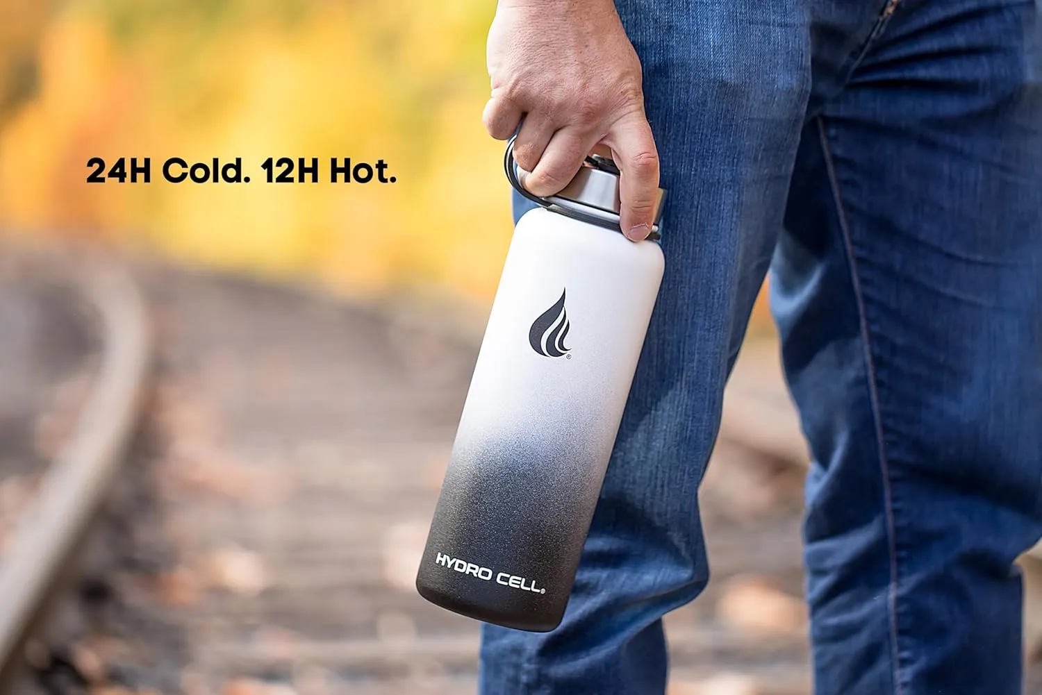 HYDRO CELL Stainless Steel Insulated Water Bottle with Straw - For Cold & Hot Drinks - Metal Vacuum Flask with Screw Cap and Modern Leakproof Sport Thermos for Adults (Black/White 40oz)