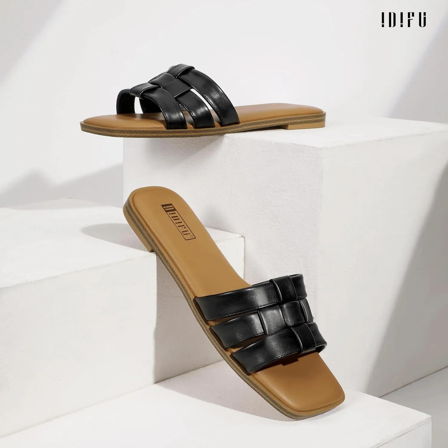 IDIFU Braided Flat Sandals for Women Square Open Toe Slip On Slide Sandals Backless Strappy Dress Sandals for Ladies Brides Summer Beach Wedding Dressy Casual Comfortable Trendy Cute Slides Sandals