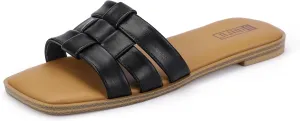 IDIFU Braided Flat Sandals for Women Square Open Toe Slip On Slide Sandals Backless Strappy Dress Sandals for Ladies Brides Summer Beach Wedding Dressy Casual Comfortable Trendy Cute Slides Sandals