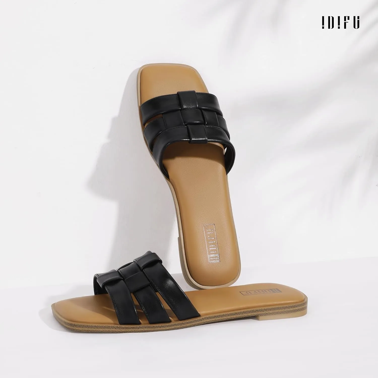 IDIFU Braided Flat Sandals for Women Square Open Toe Slip On Slide Sandals Backless Strappy Dress Sandals for Ladies Brides Summer Beach Wedding Dressy Casual Comfortable Trendy Cute Slides Sandals