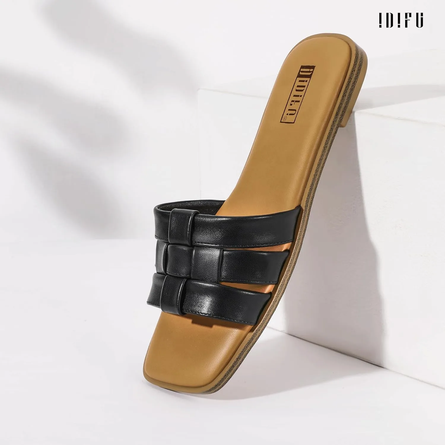 IDIFU Braided Flat Sandals for Women Square Open Toe Slip On Slide Sandals Backless Strappy Dress Sandals for Ladies Brides Summer Beach Wedding Dressy Casual Comfortable Trendy Cute Slides Sandals