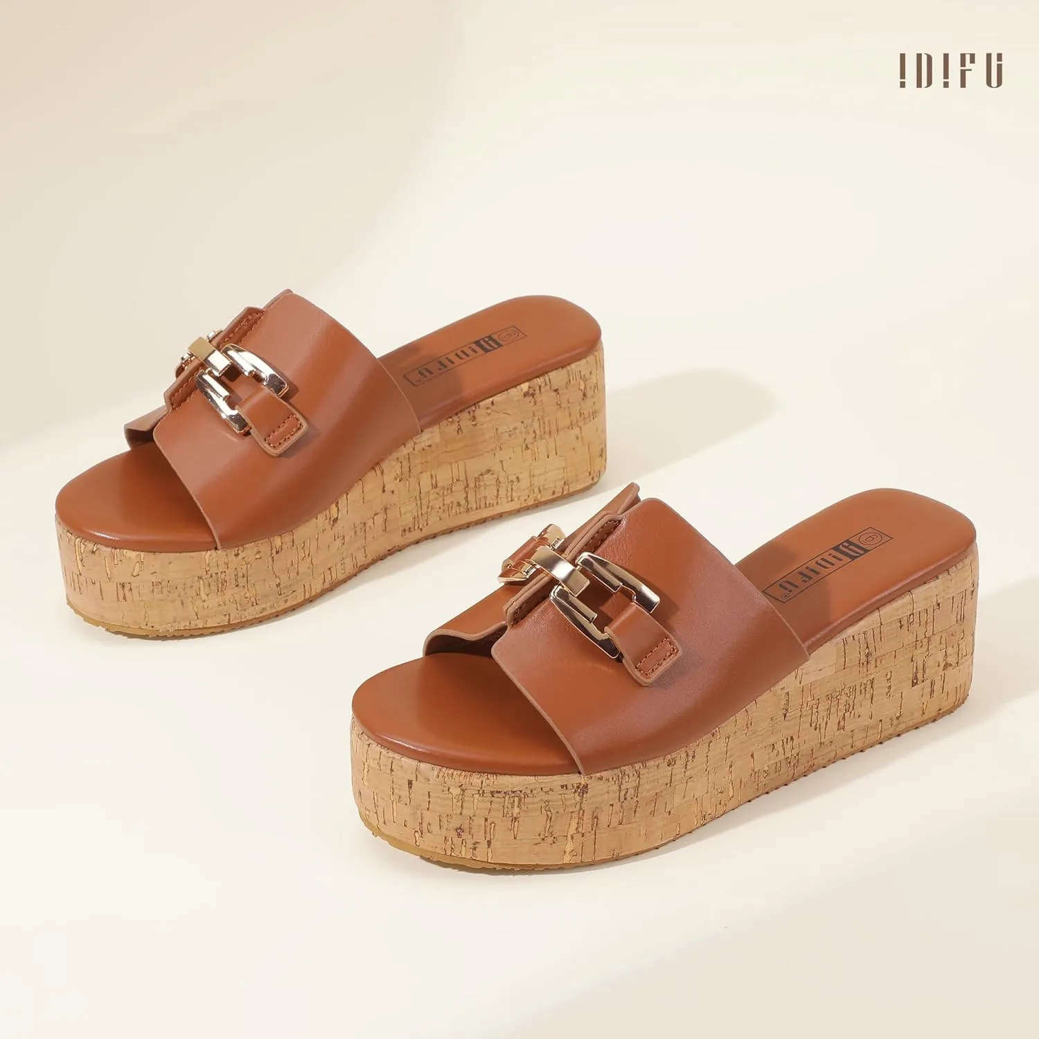 IDIFU IN2 Platform Sandals Open Toe Wedge Sandals for Women Dressy with Metal Chain Slip on Cute Summer Beach Chunky Slide Sandals Shoes Comfortable Fashion Casual Flatform Cork Wedges