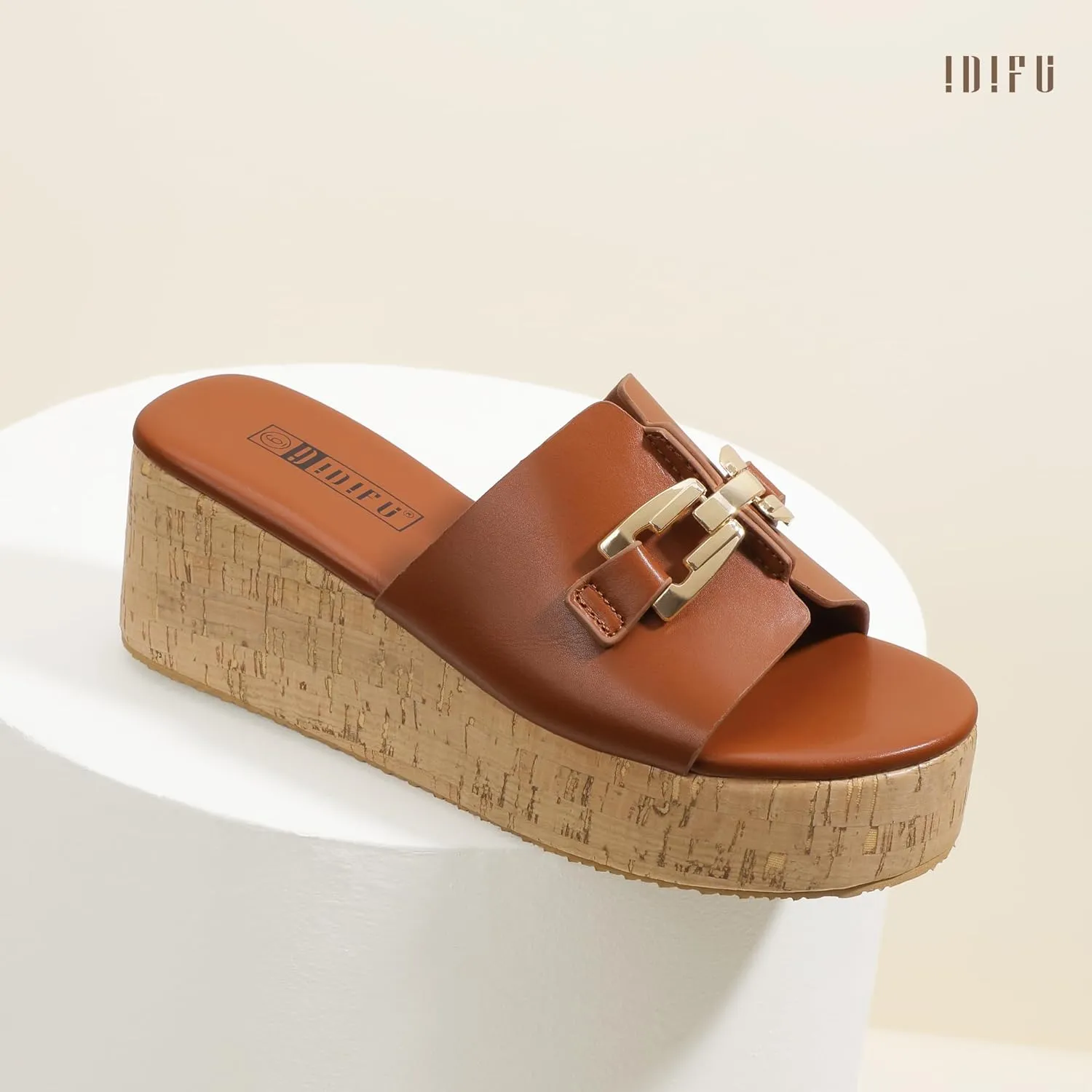 IDIFU IN2 Platform Sandals Open Toe Wedge Sandals for Women Dressy with Metal Chain Slip on Cute Summer Beach Chunky Slide Sandals Shoes Comfortable Fashion Casual Flatform Cork Wedges