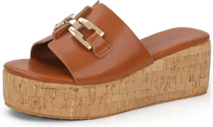 IDIFU IN2 Platform Sandals Open Toe Wedge Sandals for Women Dressy with Metal Chain Slip on Cute Summer Beach Chunky Slide Sandals Shoes Comfortable Fashion Casual Flatform Cork Wedges