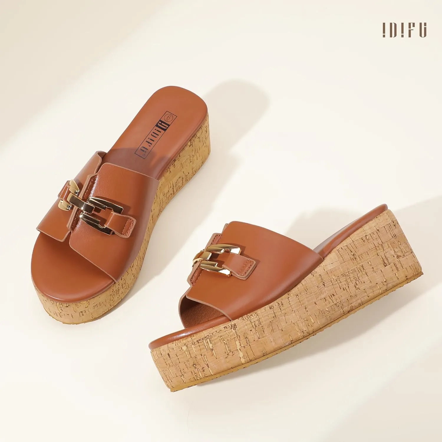 IDIFU IN2 Platform Sandals Open Toe Wedge Sandals for Women Dressy with Metal Chain Slip on Cute Summer Beach Chunky Slide Sandals Shoes Comfortable Fashion Casual Flatform Cork Wedges