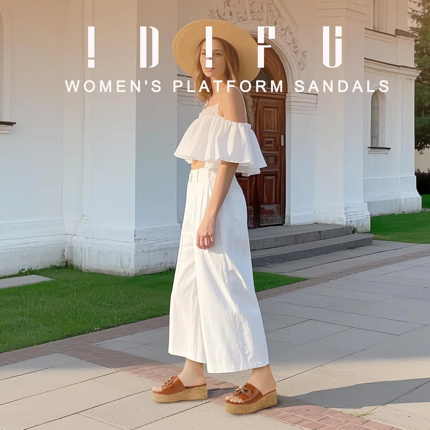 IDIFU IN2 Platform Sandals Open Toe Wedge Sandals for Women Dressy with Metal Chain Slip on Cute Summer Beach Chunky Slide Sandals Shoes Comfortable Fashion Casual Flatform Cork Wedges