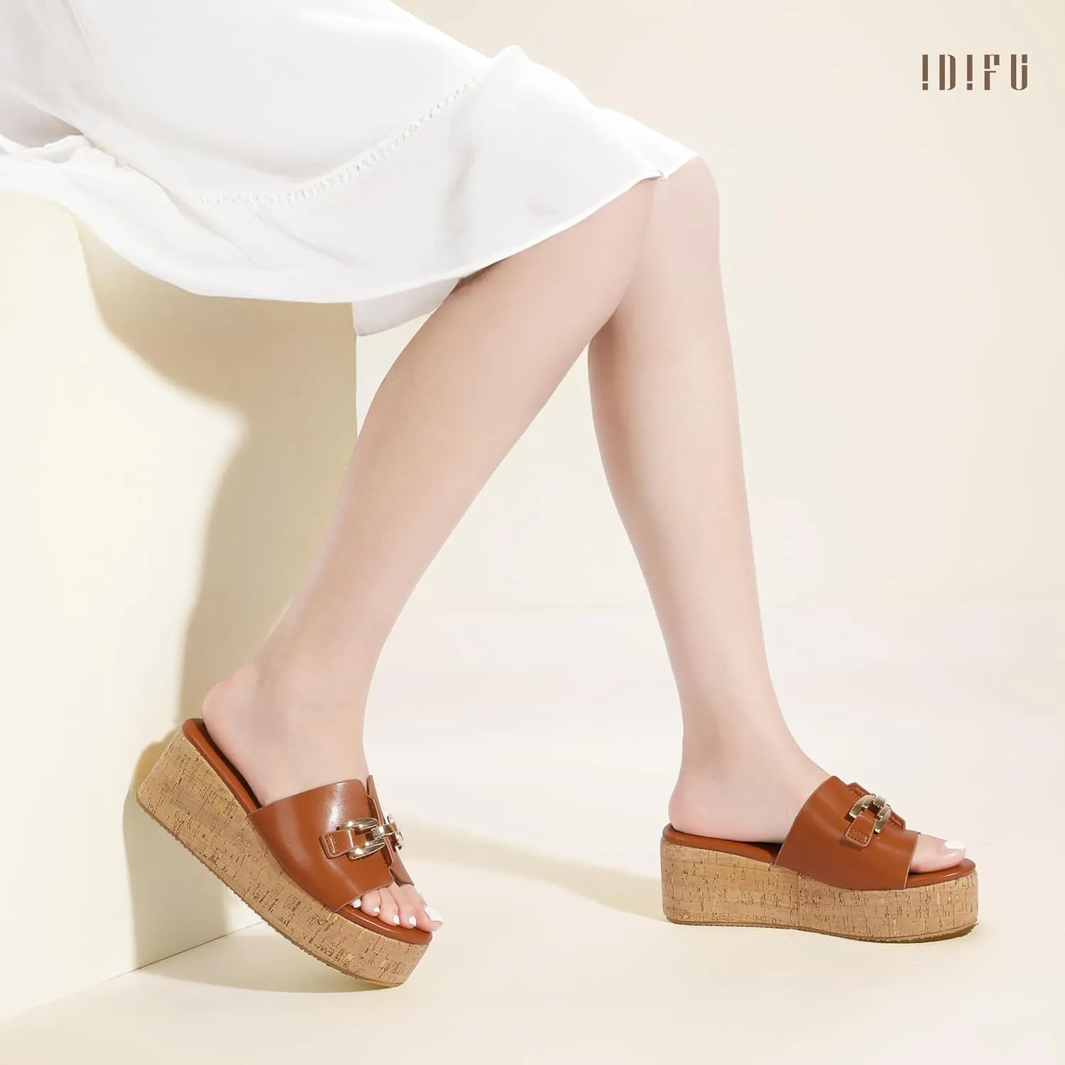 IDIFU IN2 Platform Sandals Open Toe Wedge Sandals for Women Dressy with Metal Chain Slip on Cute Summer Beach Chunky Slide Sandals Shoes Comfortable Fashion Casual Flatform Cork Wedges