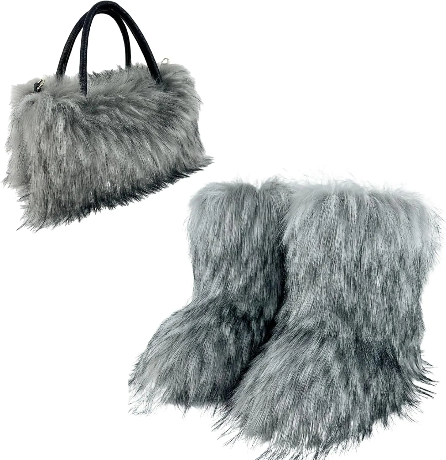 ikasus Faux Fur Tote Bag Women's Shoulder Handbags Fluffy Handbags Winter Handbag Boots Set Plush Tote Bag Mid Calf Boots, Gray 40