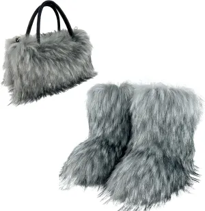 ikasus Faux Fur Tote Bag Women's Shoulder Handbags Fluffy Handbags Winter Handbag Boots Set Plush Tote Bag Mid Calf Boots, Gray 40