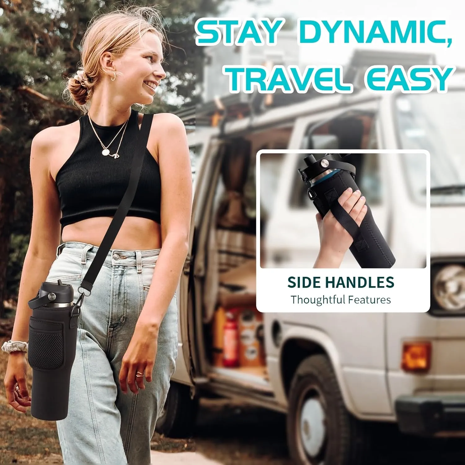 Insulated Water Bottles that Fits in Cup Holder with Straw & Sleeve, Leak Proof Travel Mug Keep Cold 48h/Hot 24h, Water Flask with Straw, Vacuum Metal Coffee Tumbler