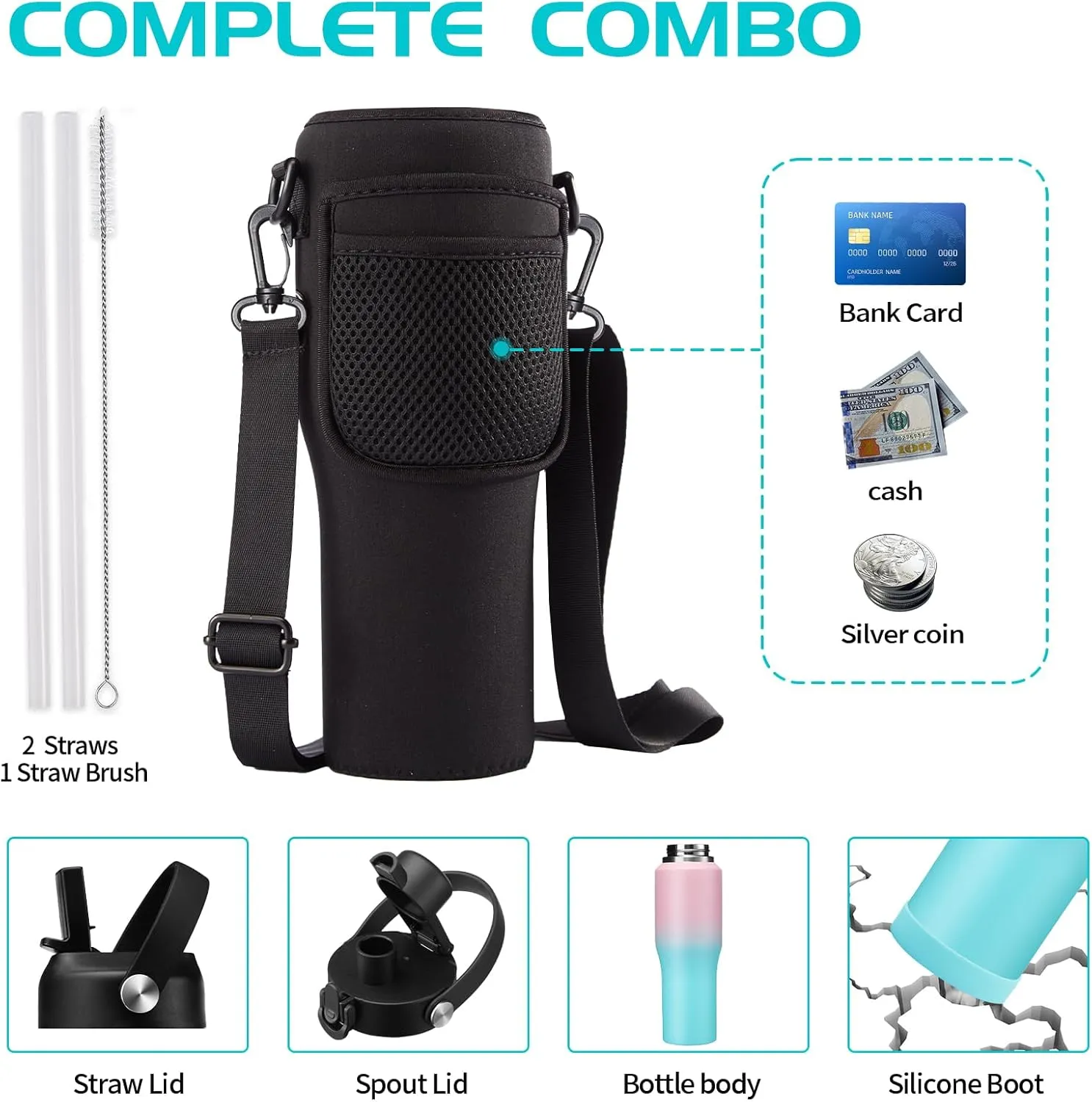 Insulated Water Bottles that Fits in Cup Holder with Straw & Sleeve, Leak Proof Travel Mug Keep Cold 48h/Hot 24h, Water Flask with Straw, Vacuum Metal Coffee Tumbler