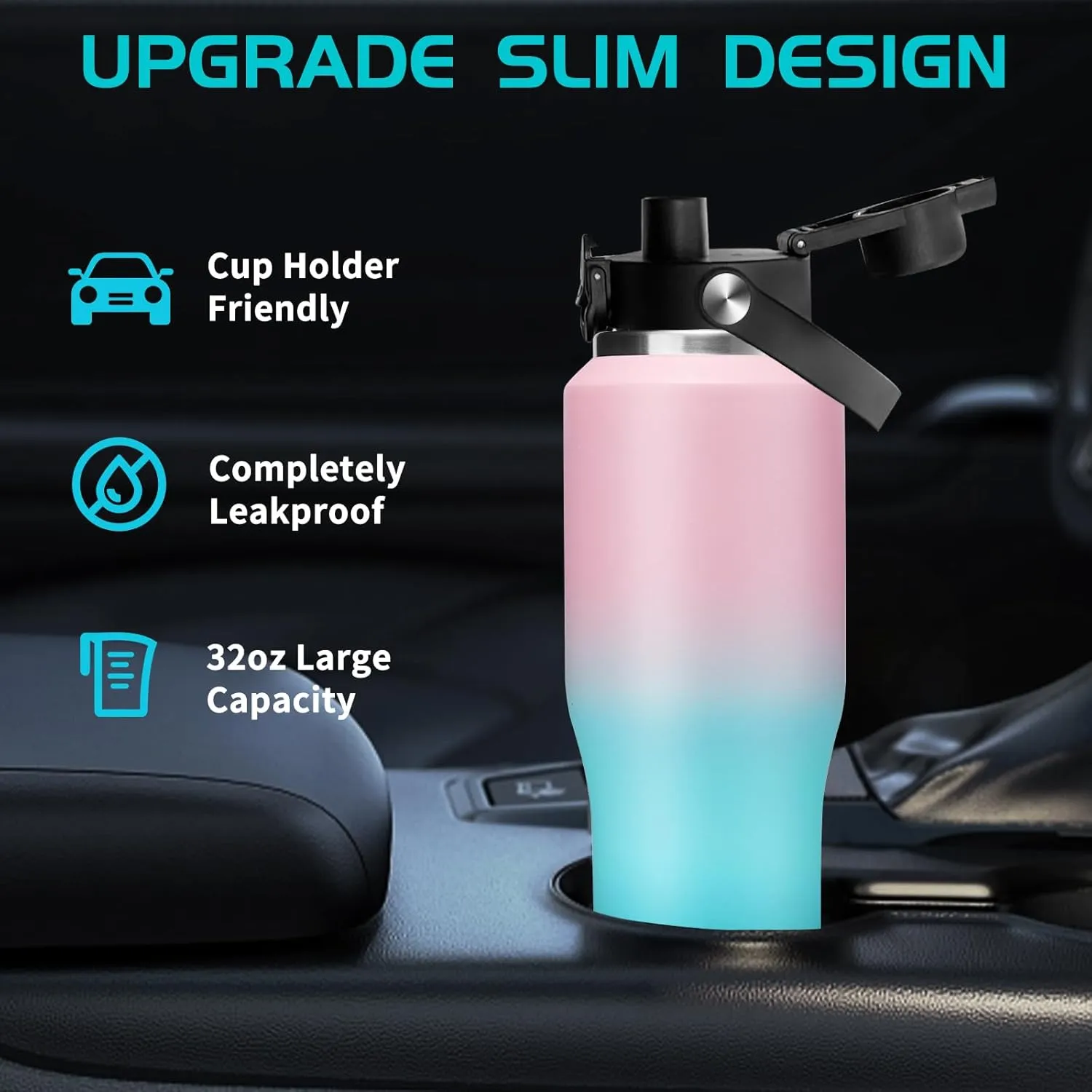 Insulated Water Bottles that Fits in Cup Holder with Straw & Sleeve, Leak Proof Travel Mug Keep Cold 48h/Hot 24h, Water Flask with Straw, Vacuum Metal Coffee Tumbler