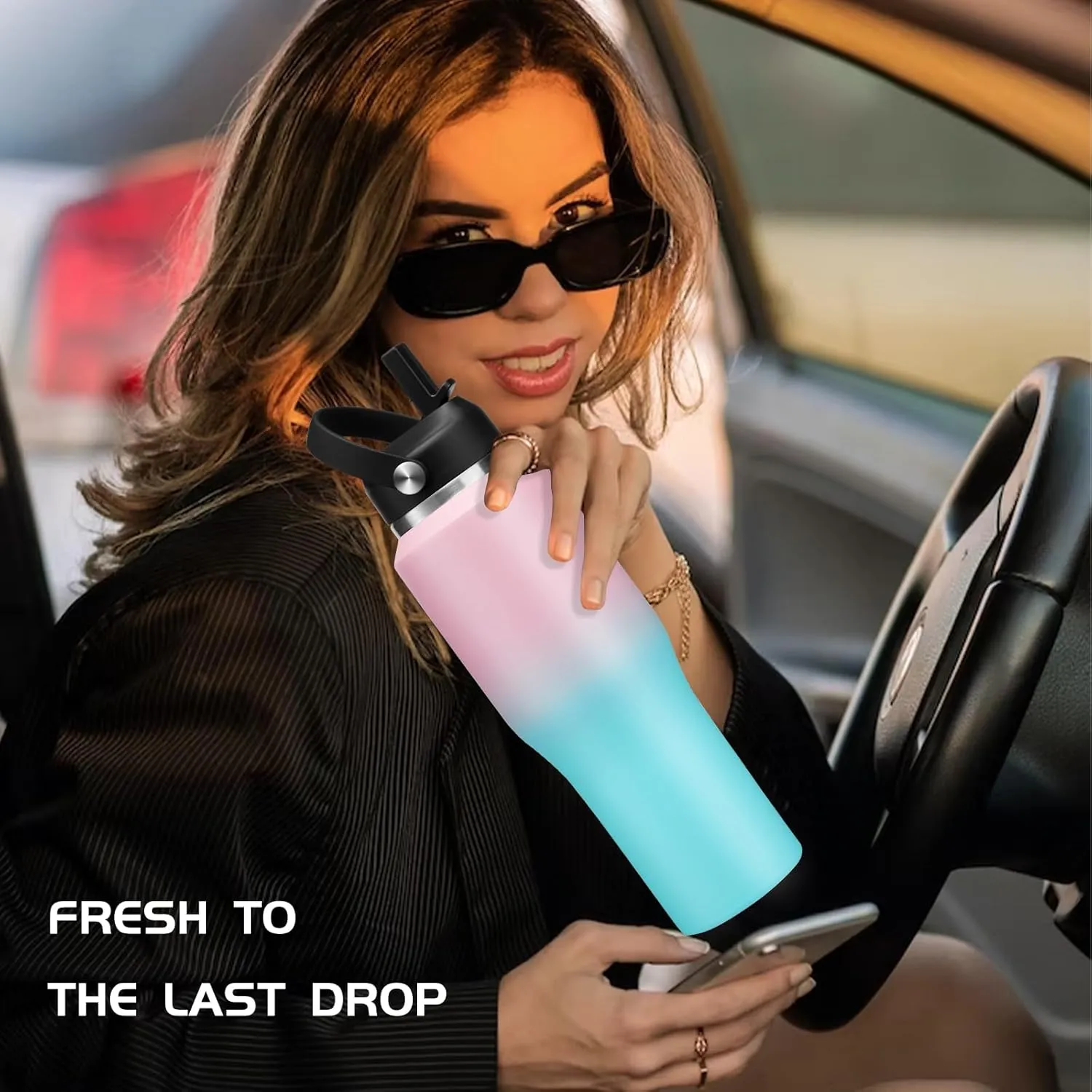 Insulated Water Bottles that Fits in Cup Holder with Straw & Sleeve, Leak Proof Travel Mug Keep Cold 48h/Hot 24h, Water Flask with Straw, Vacuum Metal Coffee Tumbler
