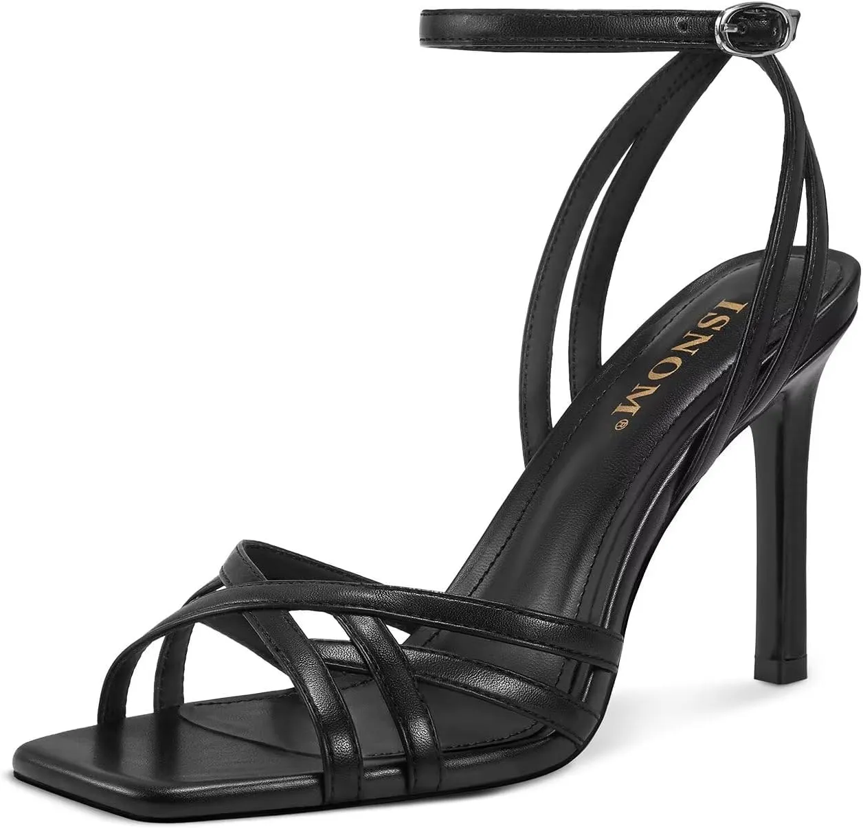 ISNOW Strappy Sandals for Women with Ankle Strap Heeled Sandals Square Toe Stiletto Summer Heels for Women Sexy Open Toe Strappy Heels Wedding Party Prom Graduation Dressy