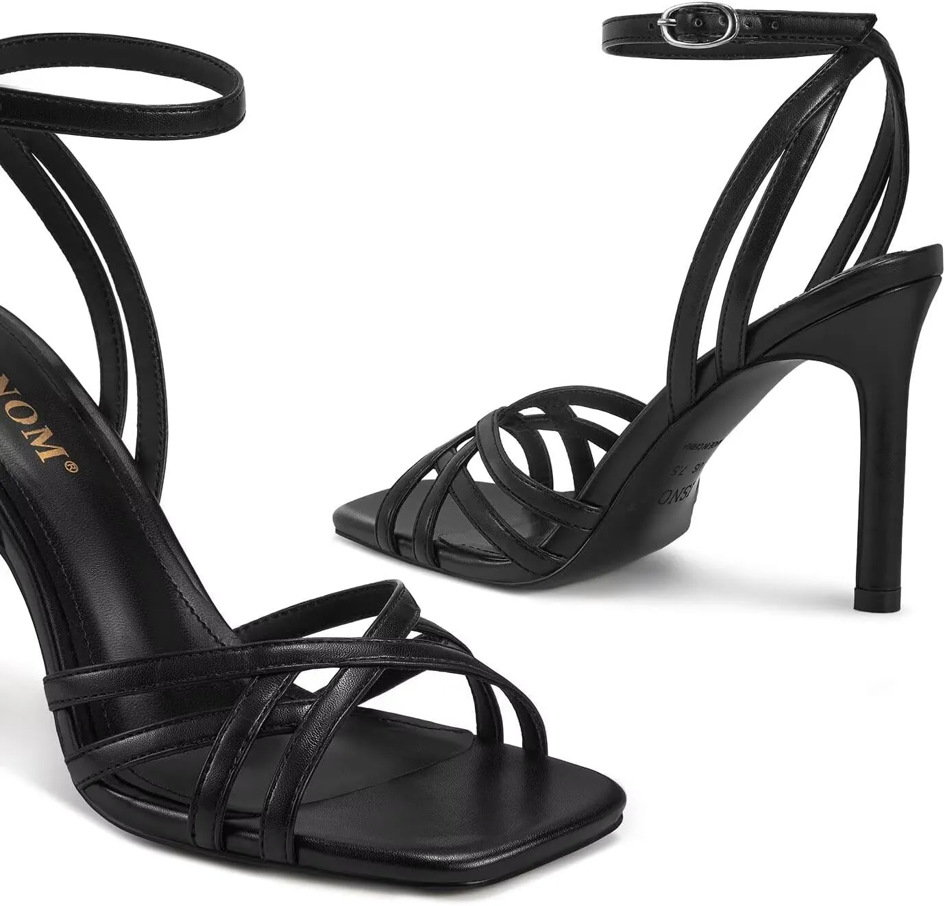 ISNOW Strappy Sandals for Women with Ankle Strap Heeled Sandals Square Toe Stiletto Summer Heels for Women Sexy Open Toe Strappy Heels Wedding Party Prom Graduation Dressy