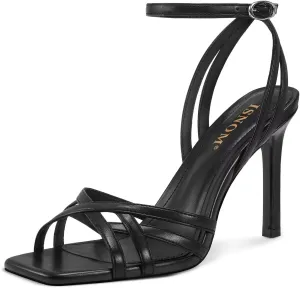 ISNOW Strappy Sandals for Women with Ankle Strap Heeled Sandals Square Toe Stiletto Summer Heels for Women Sexy Open Toe Strappy Heels Wedding Party Prom Graduation Dressy