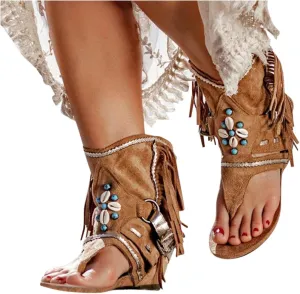 JEGULV Casual Tassel Sandals for Women Summer Boho Shoes Flip Flop Flat Sandals Gladiator Open Toe Beach Sandals