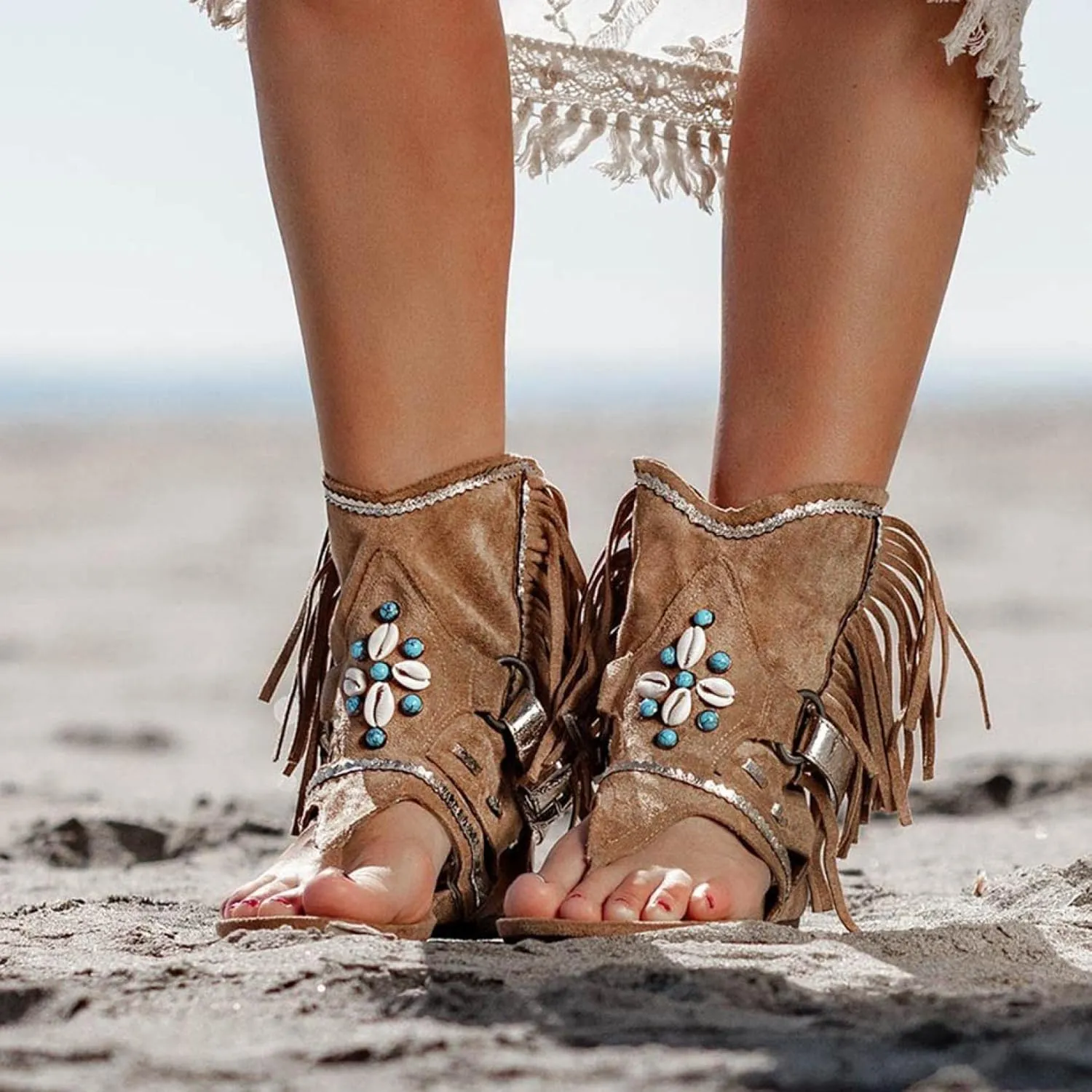 JEGULV Casual Tassel Sandals for Women Summer Boho Shoes Flip Flop Flat Sandals Gladiator Open Toe Beach Sandals