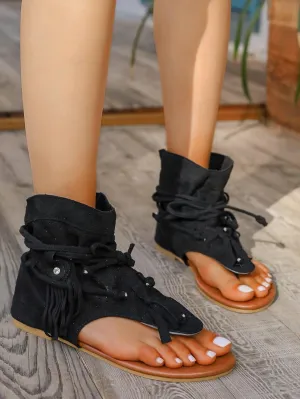 JITUUE Women's Flat Sandals Retro Bohemian Gladiator Fringe Tassel Sandal Ankle Boots Summer Casual Flat Clip Comfortable T-Strap Roman Beach Shoes