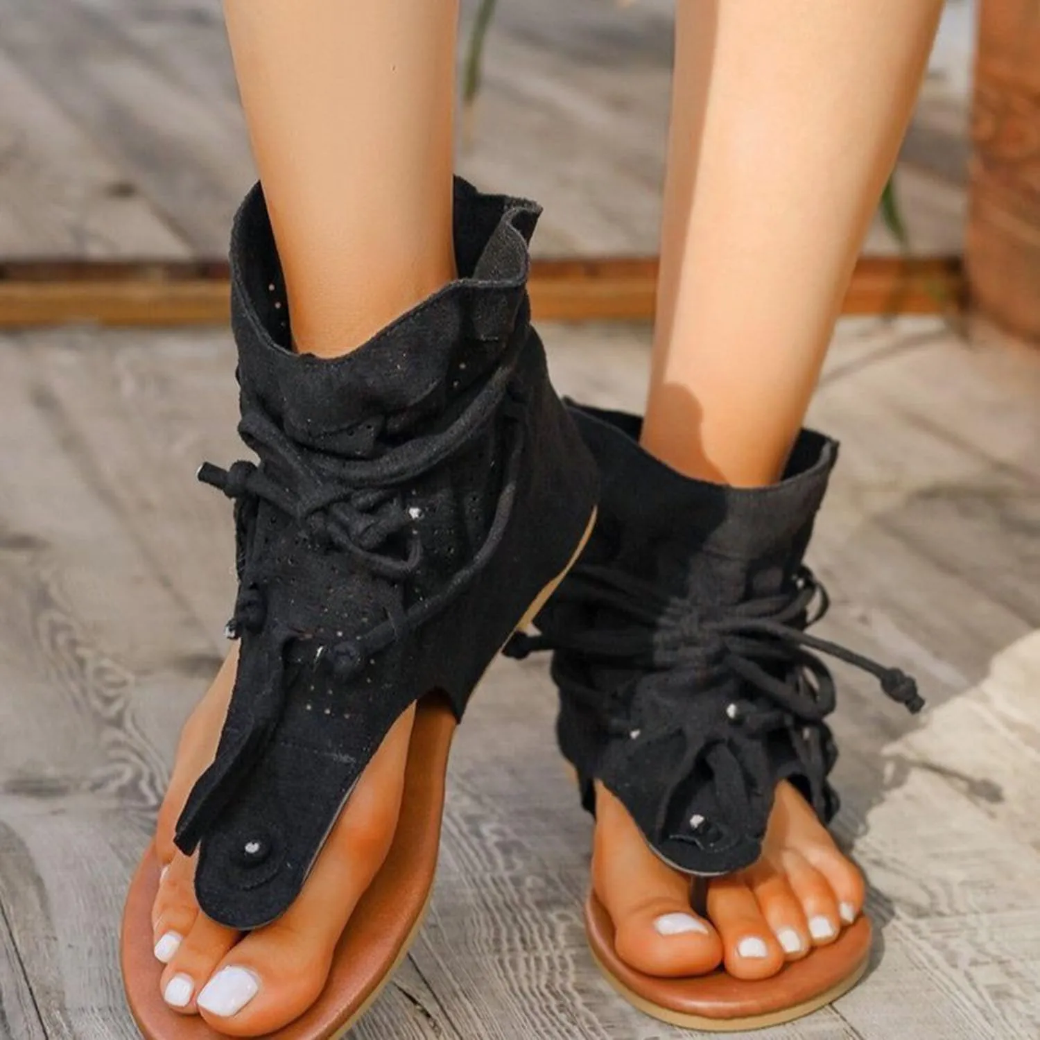 JITUUE Women's Flat Sandals Retro Bohemian Gladiator Fringe Tassel Sandal Ankle Boots Summer Casual Flat Clip Comfortable T-Strap Roman Beach Shoes