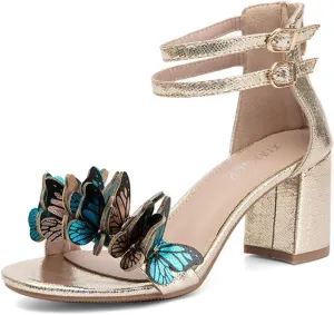 JOEupin Women's Butterfly Block Heel Sandals- Gold&Silver Strappy Dressy High Heels for Summer, Comfortable Wedding Party Shoes
