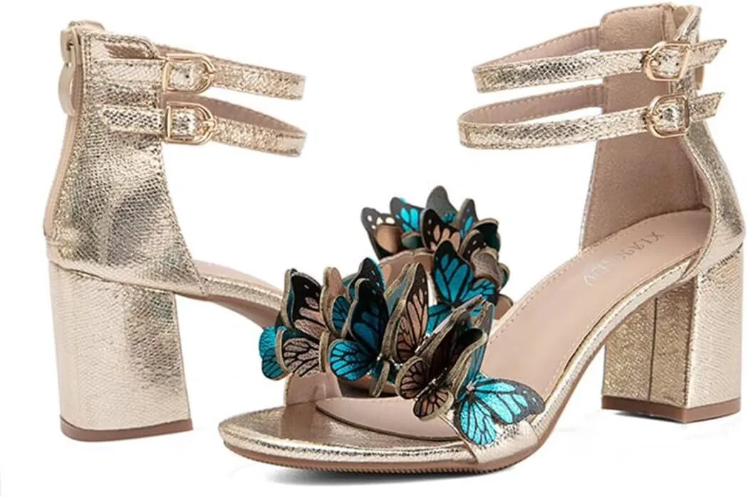 JOEupin Women's Butterfly Block Heel Sandals- Gold&Silver Strappy Dressy High Heels for Summer, Comfortable Wedding Party Shoes