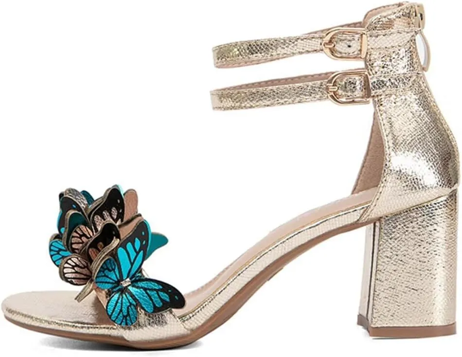 JOEupin Women's Butterfly Block Heel Sandals- Gold&Silver Strappy Dressy High Heels for Summer, Comfortable Wedding Party Shoes