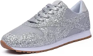 Jonuiony Women's Fashion Casual Breathable Crystal Bling Lace Up Sport Shoes Sneakers