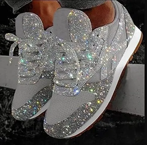 Jonuiony Women's Fashion Casual Breathable Crystal Bling Lace Up Sport Shoes Sneakers