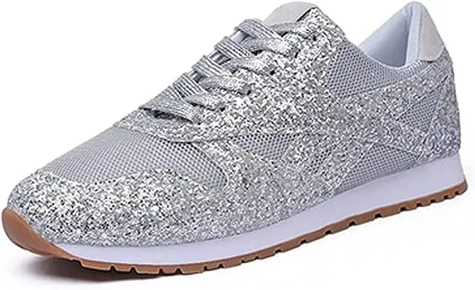 Jonuiony Women's Fashion Casual Breathable Crystal Bling Lace Up Sport Shoes Sneakers