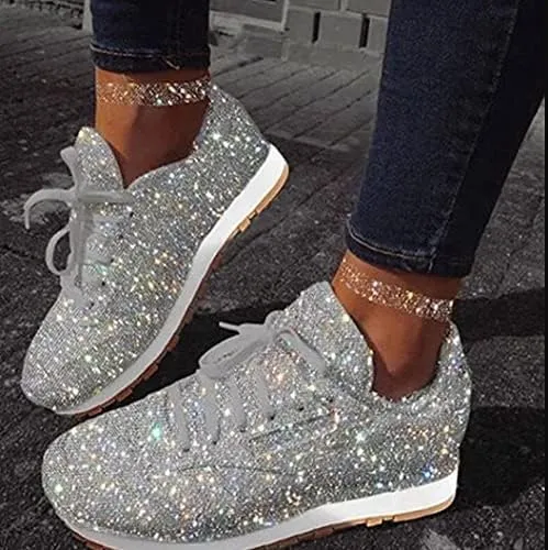 Jonuiony Women's Fashion Casual Breathable Crystal Bling Lace Up Sport Shoes Sneakers