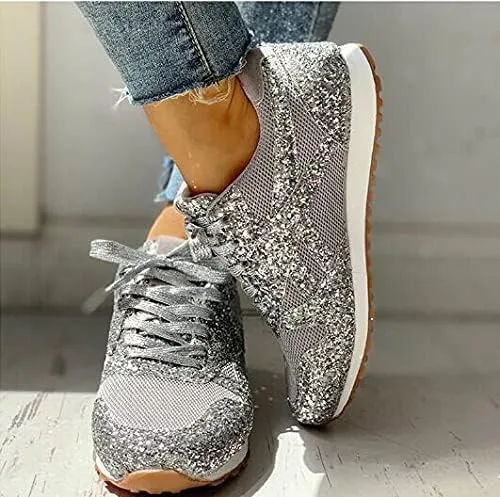 Jonuiony Women's Fashion Casual Breathable Crystal Bling Lace Up Sport Shoes Sneakers