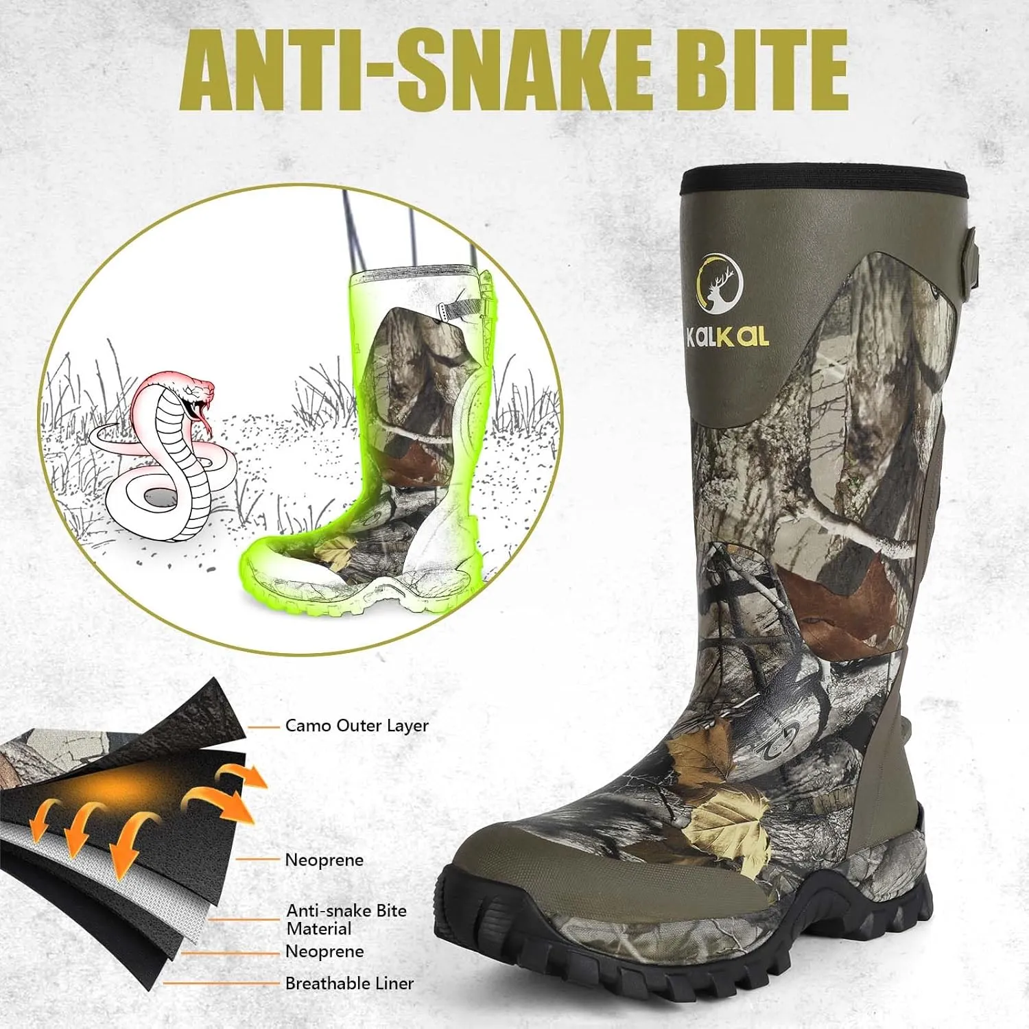 Kalkal Snake Boots for Men, Hunting Boots Waterproof Insulated Outdoor Rubber Boots, with 5mm Neoprene Anti-slip Snake Boots for Hunting Working Farming Gardening Fishing