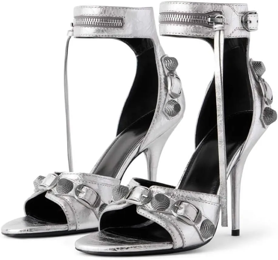 Kluolandi Women's High Stiletto Heeled Sandals with Tassel Open Toe Studded Zipper Ankle Strap High Heels Dress Pumps Shoes
