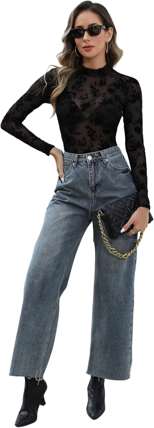 KTILG Womens Mesh Long Sleeve Top Sheer Blouse Sexy See Through Tee Shirt Lace Tops S-XXL