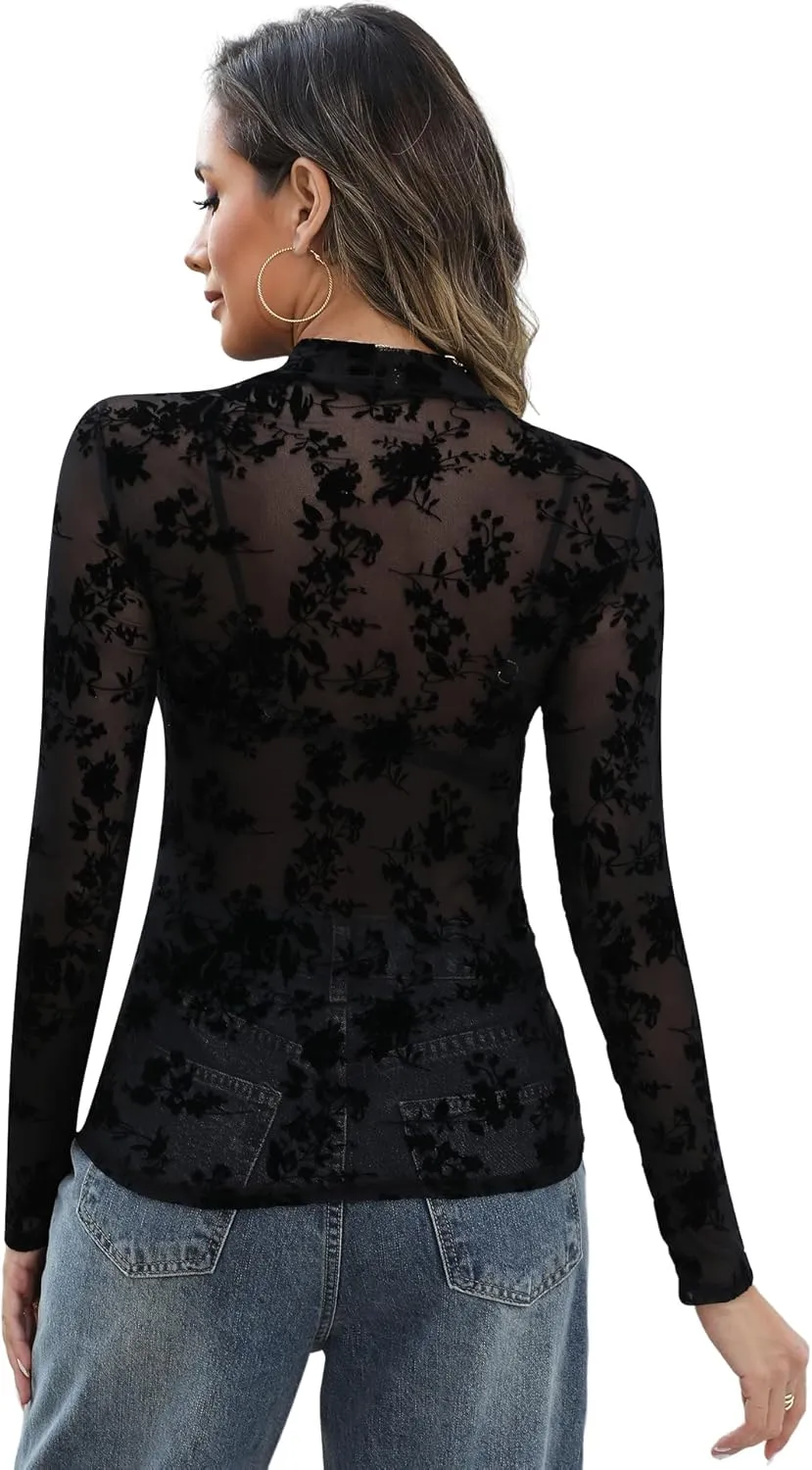 KTILG Womens Mesh Long Sleeve Top Sheer Blouse Sexy See Through Tee Shirt Lace Tops S-XXL