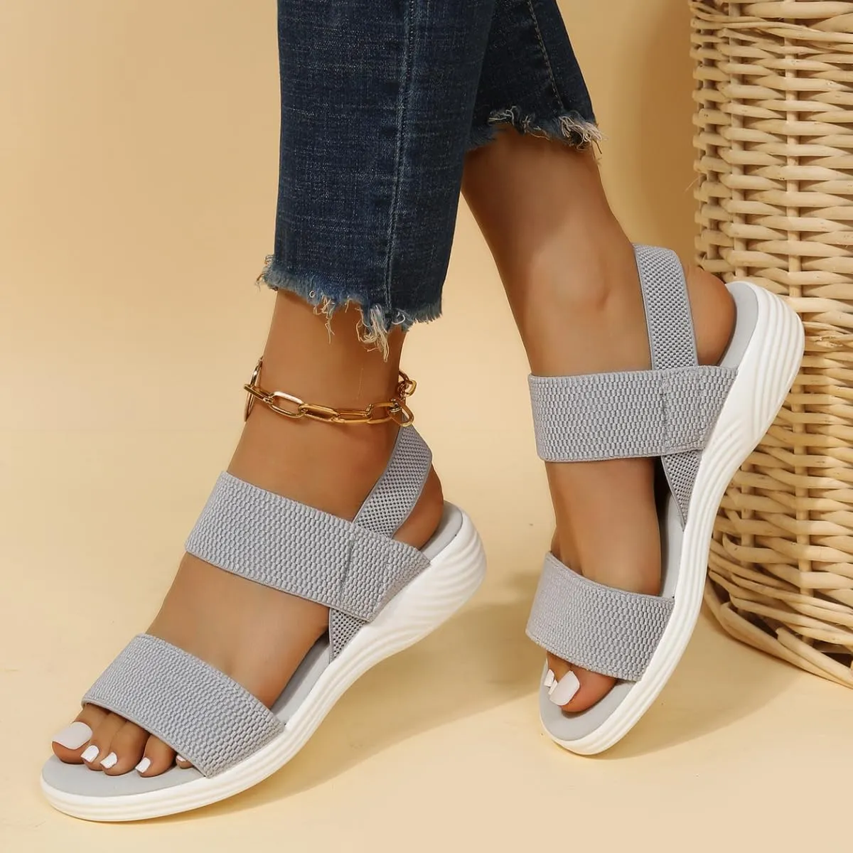 L LOUBIT Women's Sandals Elastic Strap Summer Comfort Open Toe Slides Anti-Slip Lightweight Flat Sandals